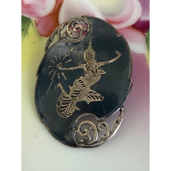 Vintage 40's Siam Sterling Silver Brooch Nielloware Goddess Dancer - Picture 4 of 8